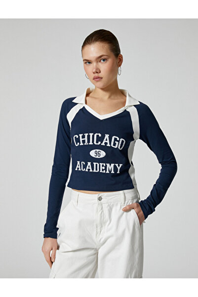 Koton Kurzes Polo-Shirt mit langen Ärmeln, Farbblock, College-Thema, Baumwolle