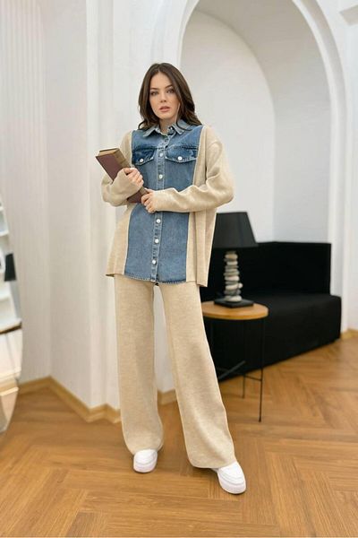 Cardella Premium Denim Detailed Oversize Knitwear Set - Buttoned Jacket and Trousers