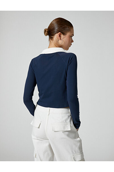 Koton Kurzes Polo-Shirt mit langen Ärmeln, Farbblock, College-Thema, Baumwolle