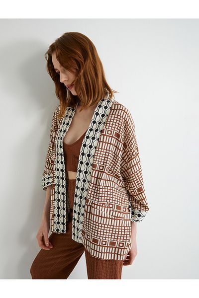 Koton Oversize kimono viskózový lněný směsový poloviční rukáv s kapsou