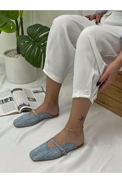 ERVANIN BUTİĞİ Açık Kot Mavi Kot (Boris) Taş Detay Kadın Terlik