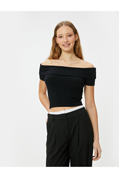 Koton Μπλουζάκι Madonna γιακά Crop Off Shoulder με ριμπ κοντό μανίκι, λεπτή ε...