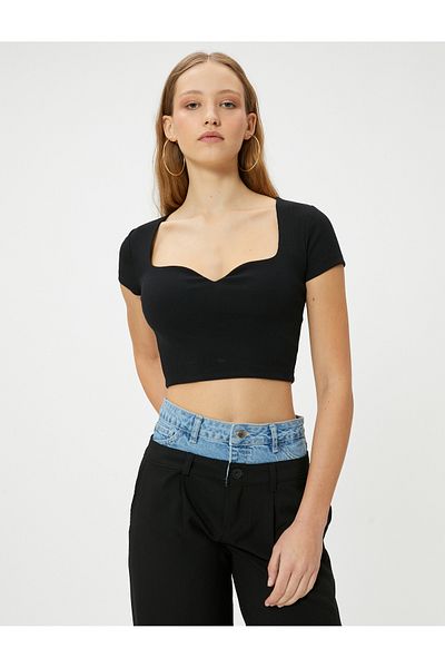Koton Μπλουζάκι Heart Collar Crop με ριμπ κοντό μανίκι Slim Fit