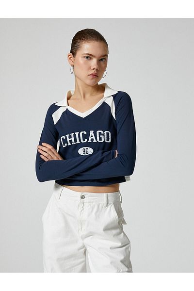 Koton Kurzes Polo-Shirt mit langen Ärmeln, Farbblock, College-Thema, Baumwolle
