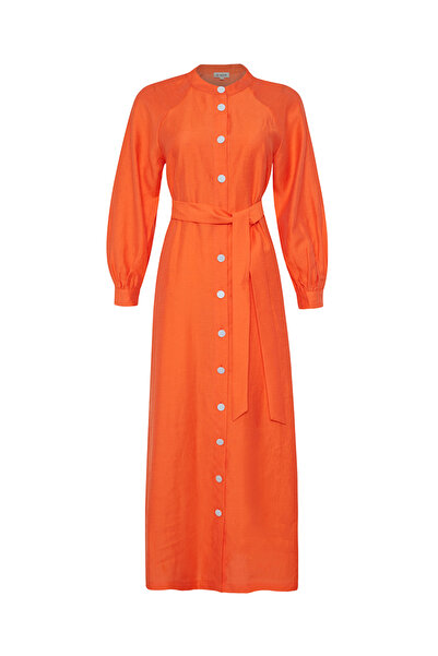 Aker Belden Bağlamalı Keten Elbise