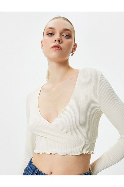 Koton Zweireihige Crop Bluse zum Binden V-Ausschnitt Langarm Gerippt