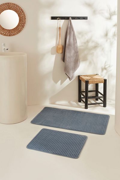 Karaca Home Plaid Embos 2-Piece Bath Mat Indigo