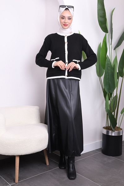 İmajButik Κοντή πλεκτή ζακέτα μαύρη τσέπη με κουμπιά