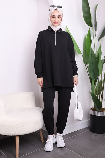 İmajButik Black Collar Zippered Trousers Tunic Set