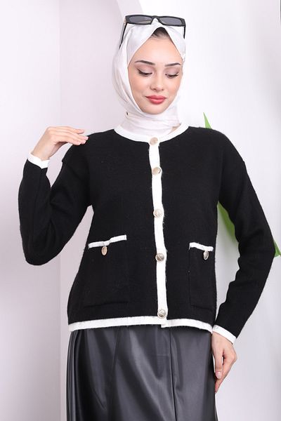 İmajButik Κοντή πλεκτή ζακέτα μαύρη τσέπη με κουμπιά