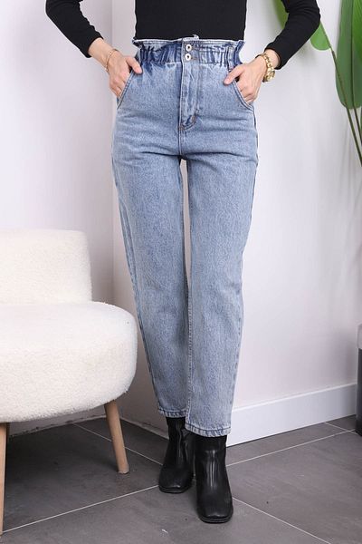 İmajButik Pantaloni Mom Jeans albastru deschis cu talie elastică