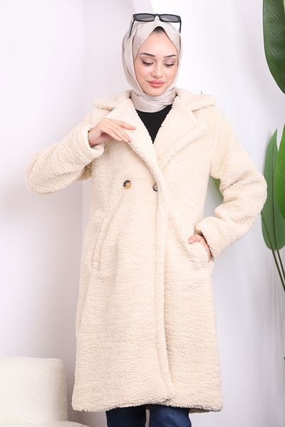 İmajButik Παλτό Angora βελούδινο με κρεμ τσέπες