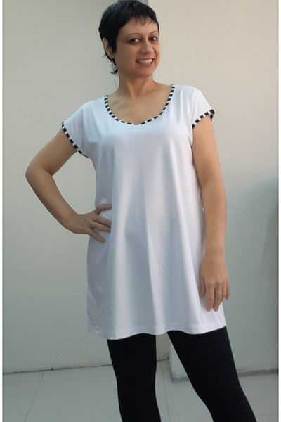 Mertcan Butik White Black and White Piping Detailed Whole Size Low Sleeve Combed Cotton Viscose T-Shirt
