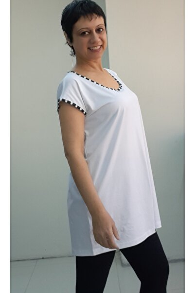 Mertcan Butik White Black and White Piping Detailed Whole Size Low Sleeve Combed Cotton Viscose T-Shirt
