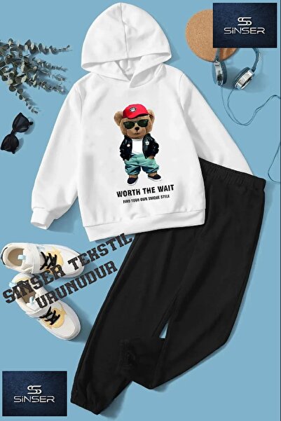 SİNSER TEKS طقم بدلة رياضية بغطاء للرأس للأطفال مطبوع عليه "دببة حمراء"