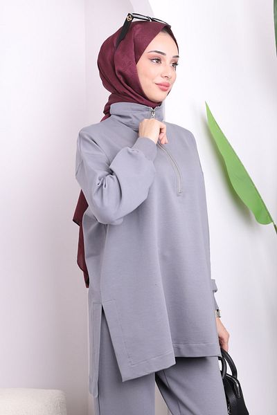 İmajButik Gray Collar Zippered Trousers Tunic Set