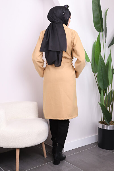 İmajButik Dark Beige Waist Belted Pocketed Coat