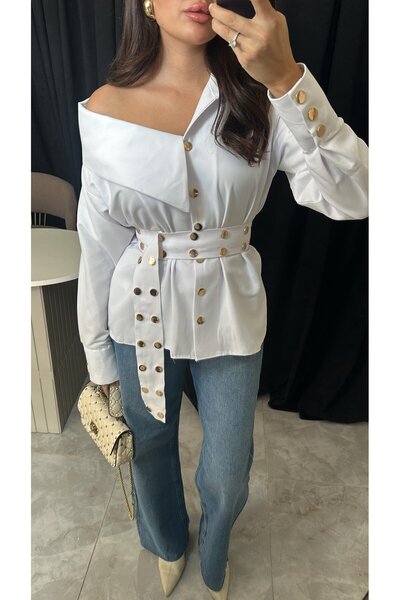 Camp Store Women's Gold Snap Detailed Belted Design Shirt