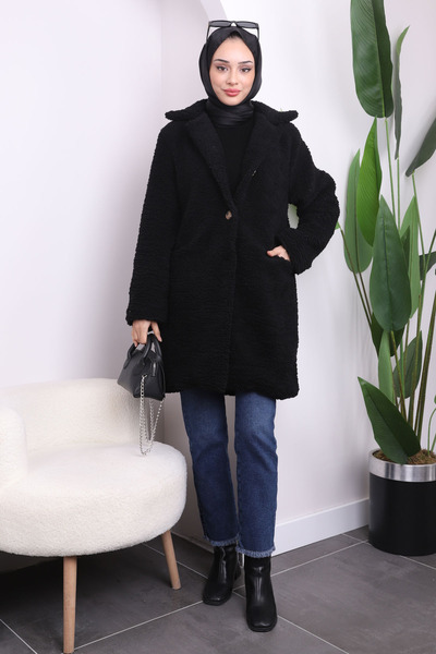 İmajButik Μαύρο βελούδινο παλτό Angora με τσέπη