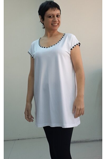 Mertcan Butik White Black and White Piping Detailed Whole Size Low Sleeve Combed Cotton Viscose T-Shirt