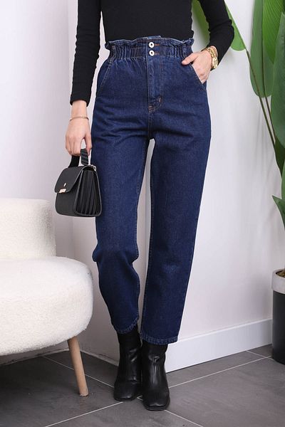 İmajButik Námořnické modré kalhoty Mom Jeans s elastickým pasem