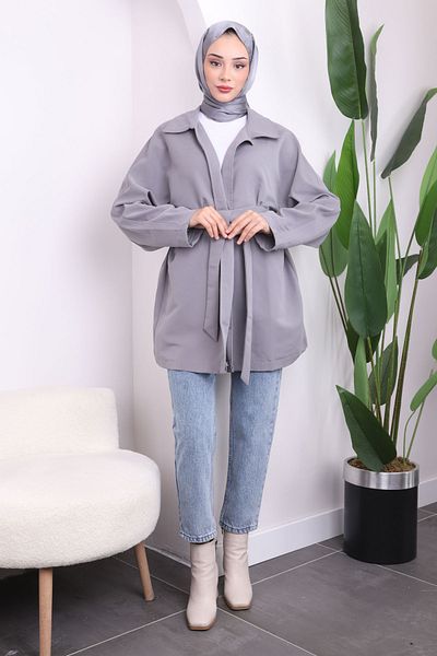 İmajButik Γκρι καμπαρντίνα με ζώνη Cape