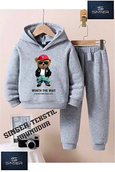 SİNSER TEKS طقم بدلة رياضية للأطفال بغطاء للرأس مع طباعة "دببة حمراء"