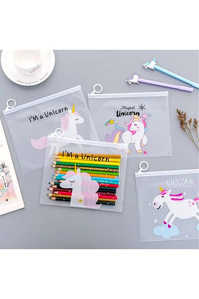 NaSaDAN 1Pc Unicorn Zippered Transparent File Pen Holder Storage Bag