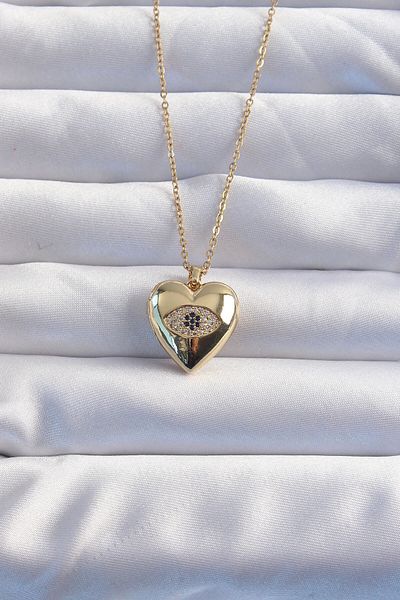 Skygo Gold Colored 316l Steel Zircon Stone Heart Model Necklace - Eye Figure and Can Be Opened Inside - Tj-bko8975