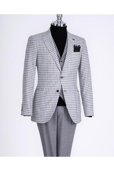 TerziAdemAltun Men's Slim Fit Italian Style Combination - Jacket, Vest, Pants Set Gray T13075