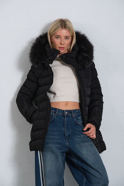 Maule Black Faux Fur Hooded Anorak for Women - Water Repellent Fabric with Detachable Micro Coat Coat @Jasmin