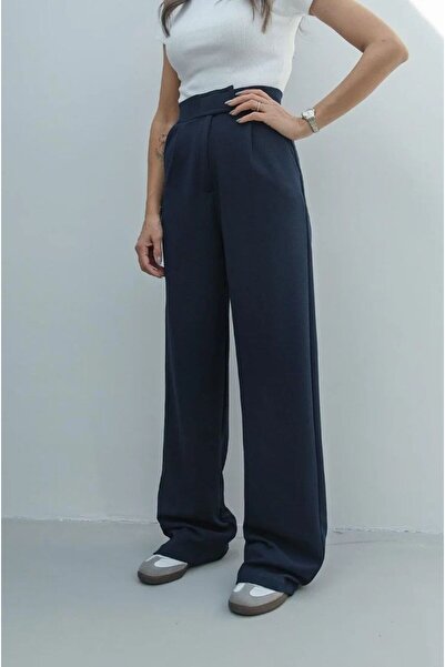 NET OF NOT Kadın Likralı Cırt Kapama Lacivert Palazzo Kumaş Pantolon
