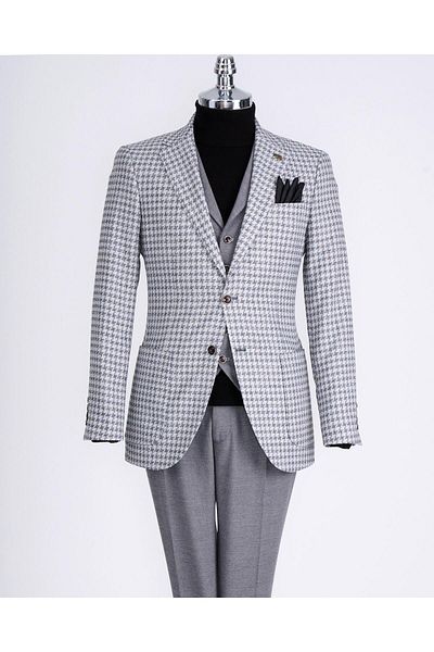 TerziAdemAltun Men's Slim Fit Italian Style Combination - Jacket, Vest, Pants Set Gray T13075