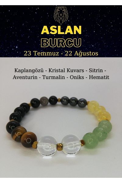Nelleovana Leo Zodiac Bracelet - Tiger Eye, Citrine, Aventurine, Hematite, Tourmaline, Onyx, Crystal Quartz