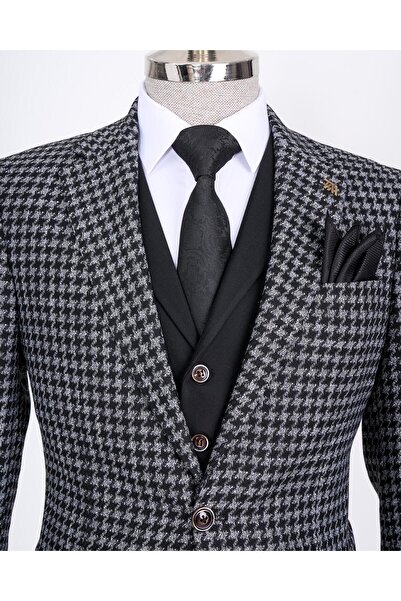 TerziAdemAltun İtalyan stil slim fit erkek kombin ceket yelek pantolon takım elbise siyah T13074