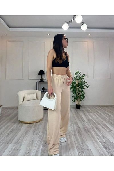 RW Ribbed Wide Leg Wafer Fabric Trousers - Loose Model