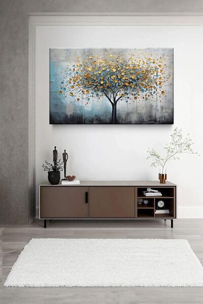 Lona Sanat Altın Yapraklı Ağaç Dekoratif Kanvas Tablo Salon Oturma Yatak Odas...