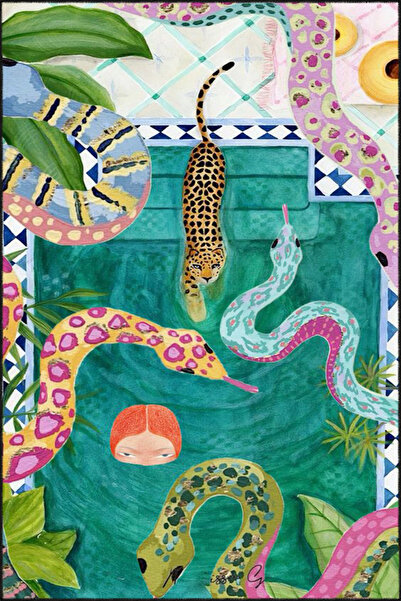 Rugs Modern Halı Yeşil Göl ve Kaplan Manzaralı Desenli Yıkanabilir Halı mirav...