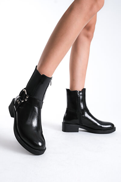 MARSEDO Kadın fermuarlı Toka Detaylı Yuvarlak Burun Kalın Taban Lastikli Günlük Bot Pera Siyah