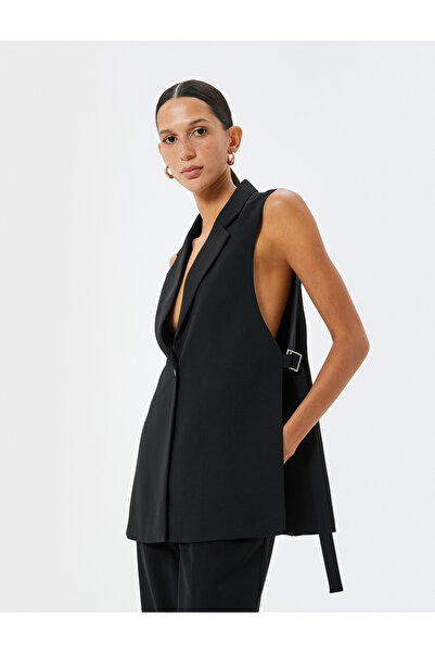 Koton Διπλό στήθος Reverse Jacket Collar - Μακρύ γιλέκο, πλαϊνό σκίσιμο και λεπτομέρεια ζώνης