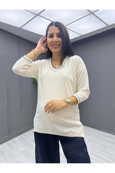 zunop Γυναικεία πλεκτή μπλούζα με ριγέ V λαιμόκοψη
