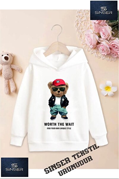 SİNSER TEKS Φούτερ για κορίτσια/αγόρια με λευκή κουκούλα ''BEAR RED HAT''