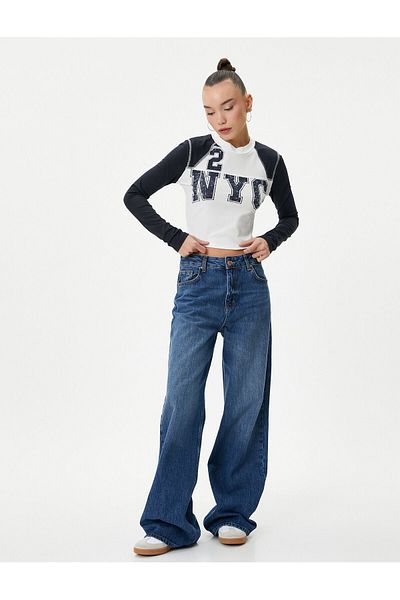 Koton College Crop T-shirt Color Block Long Sleeve Crewneck Cotton