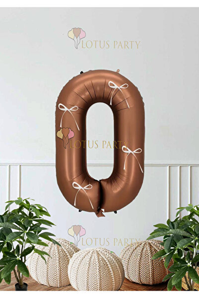LOTUS PARTY 0 Years Old White and Brown Numbers - Ribbon Foil Balloon and Bow
