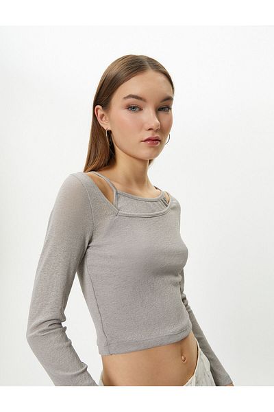 Koton Off Shoulder Crop T-Shirt Double Asymmetrical Collar Long Sleeve Slim Fit