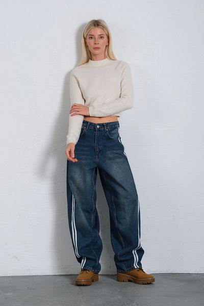 Maule Baggy-Jeans aus 100 % Baumwolle mit hoher Taille und seitlichen Streifen – Damen-Jeans @Barrel