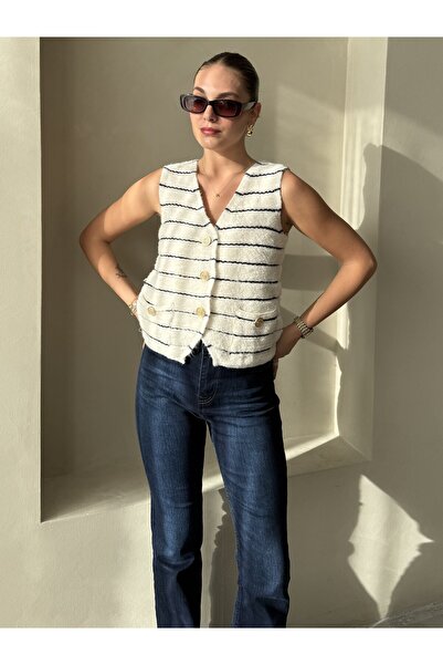 Laluvia Cream - Navy Blue 5-Button Knitwear Vest- 241019