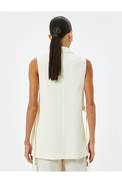 Koton Double Breasted Reverse Jacket Collar - Long Vest, Side Slit and Belt Detail