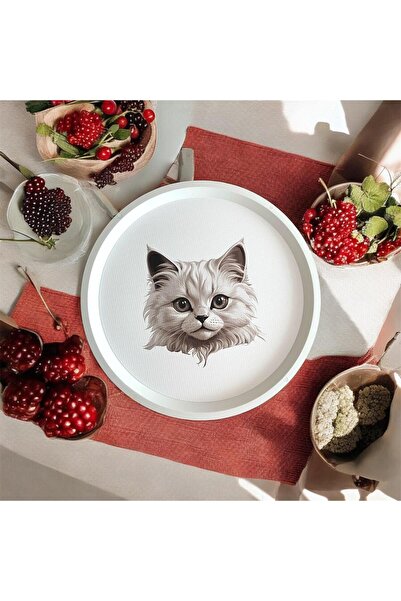 Yuva Consept Kedi Desenli Tepsi - 31 Cm - Beyaz Tepsi - Sunum Tepsisi