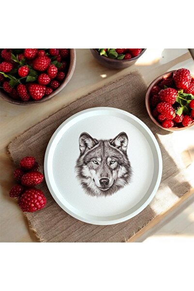 Yuva Consept صينية منقوشة وولف - 31 سم - صينية بيضاء - صينية تقديم